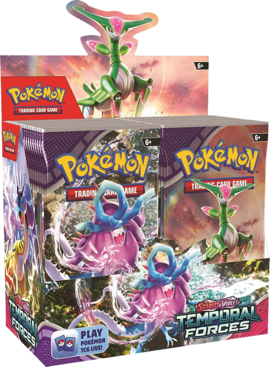 A factory-sealed Pokemon Temporal Forces booster box featuring Iron Leaves and Gouging Fire artwork.