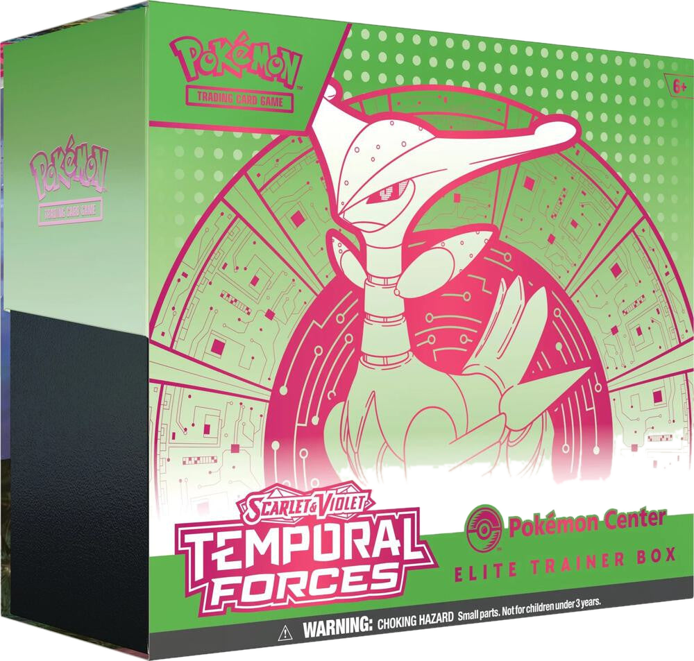 A Pokemon Temporal Forces Elite Trainer Box featuring Iron Leaves artwork on a green background.