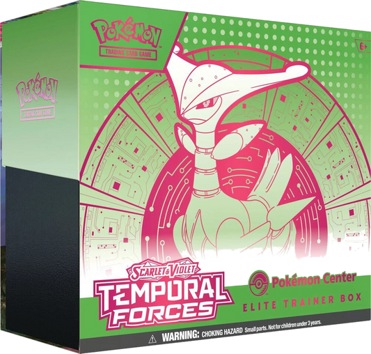A Pokemon Temporal Forces Elite Trainer Box featuring Iron Leaves artwork on a green background.