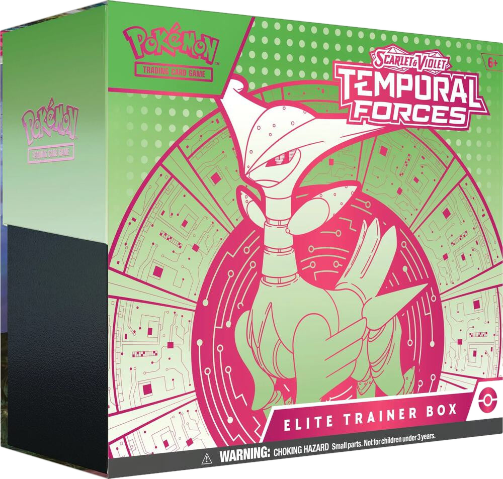 A Pokemon Temporal Forces Elite Trainer Box featuring Iron Leaves on the front packaging.