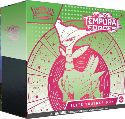 A Pokemon Temporal Forces Elite Trainer Box featuring Iron Leaves on the front packaging.