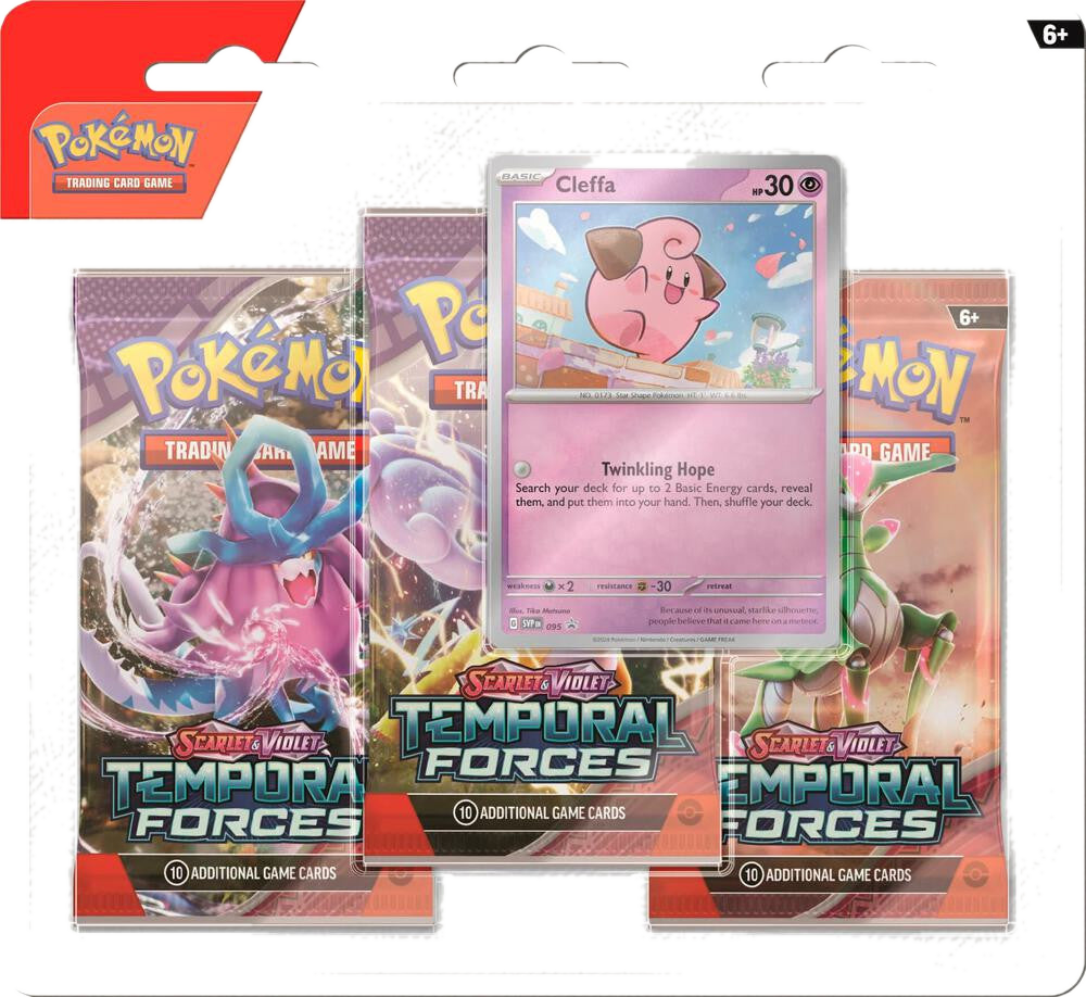 A Pokemon Temporal Forces three-pack blister featuring a Cleffa promo card.