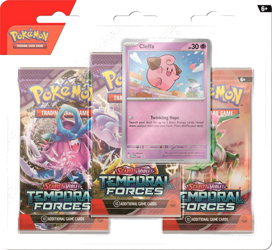 A Pokemon Temporal Forces three-pack blister featuring a Cleffa promo card.