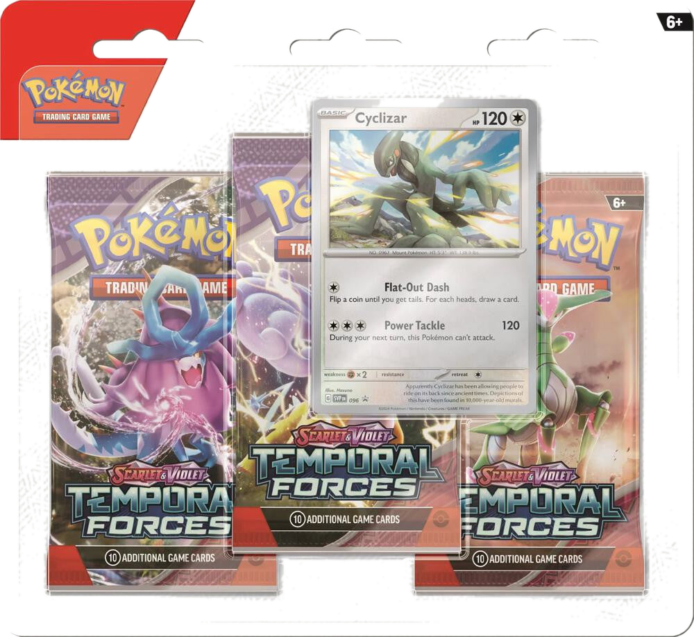 A Pokemon Temporal Forces three-pack blister featuring a Cyclizar promo card.