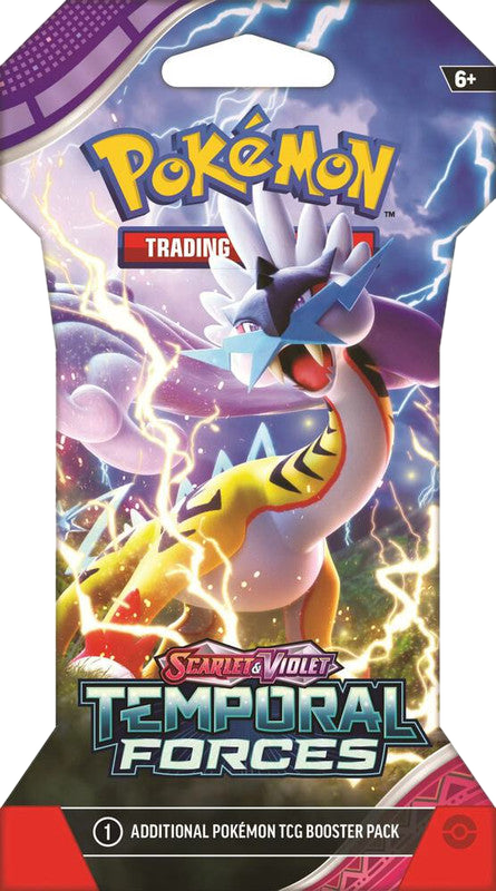 A Pokemon Temporal Forces sleeved booster pack featuring Raging Bolt on the front.