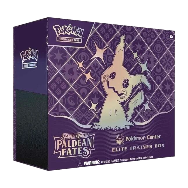 A purple Pokemon Center Elite Trainer Box for the Paldean Fates set featuring Mimikyu.