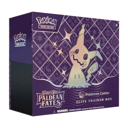 A purple Pokemon Center Elite Trainer Box for the Paldean Fates set featuring Mimikyu.