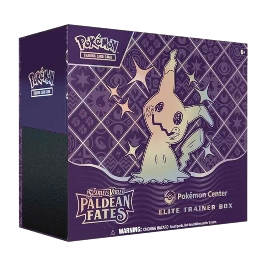 A purple Pokemon Center Elite Trainer Box for the Paldean Fates set featuring Mimikyu.