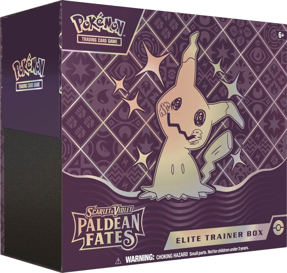 A Pokemon Paldean Fates Elite Trainer Box featuring Shiny Mimikyu on the purple packaging.