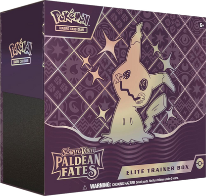 A Pokemon Paldean Fates Elite Trainer Box featuring Shiny Mimikyu on the purple packaging.
