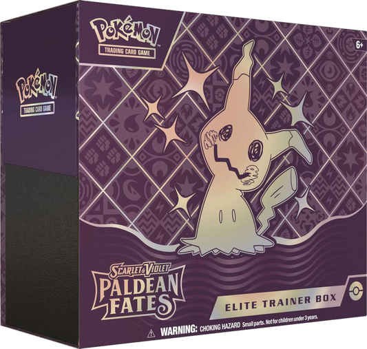 A Pokemon Paldean Fates Elite Trainer Box featuring Shiny Mimikyu on the purple packaging.