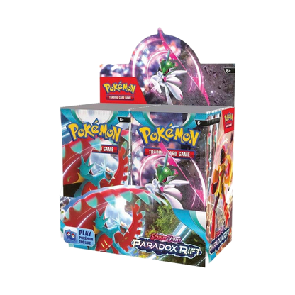 A sealed Pokemon Paradox Rift booster box featuring Iron Valiant and Roaring Moon artwork.