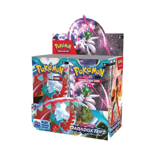 A sealed Pokemon Paradox Rift booster box featuring Iron Valiant and Roaring Moon artwork.