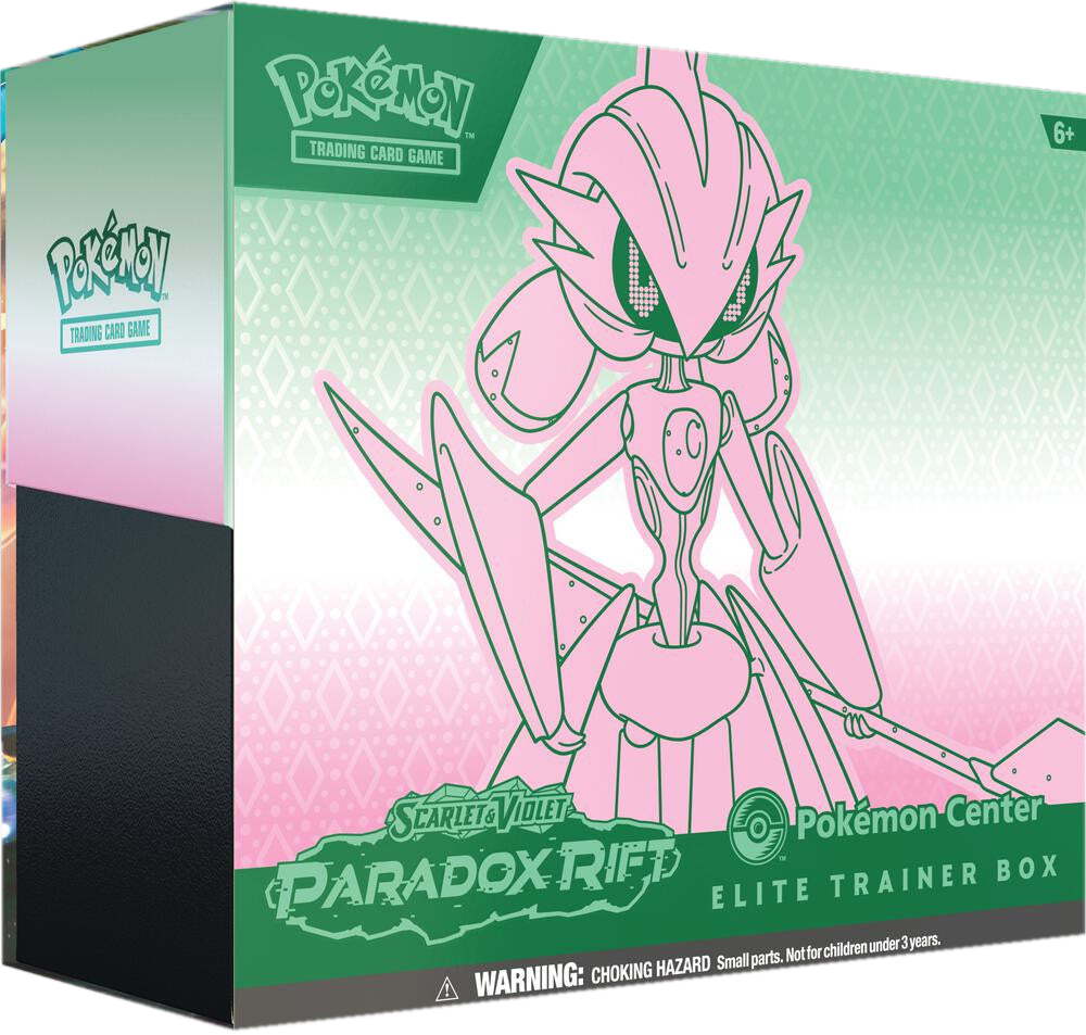 A Pokemon Center Elite Trainer Box for the Scarlet and Violet Paradox Rift set featuring Iron Valiant.