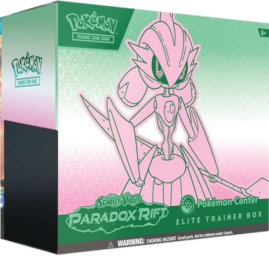 A Pokemon Center Elite Trainer Box for the Scarlet and Violet Paradox Rift set featuring Iron Valiant.