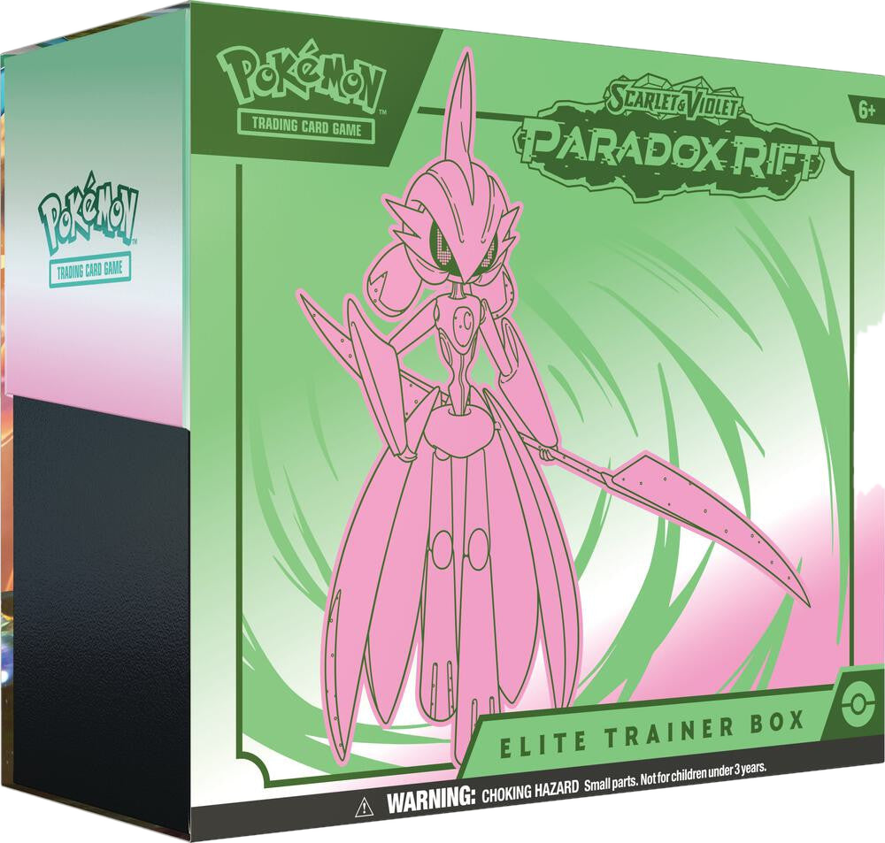 A Pokemon Paradox Rift Elite Trainer Box featuring Iron Valiant on the front.
