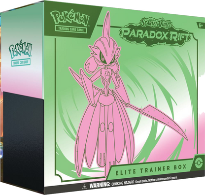 A Pokemon Paradox Rift Elite Trainer Box featuring Iron Valiant on the front.