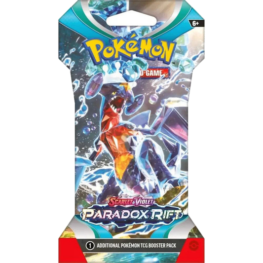 A Pokemon Paradox Rift sleeved booster pack featuring Garchomp on the packaging.