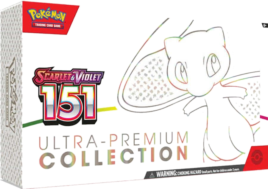 A white Pokemon Scarlet and Violet 151 Ultra Premium Collection box featuring an illustration of Mew.