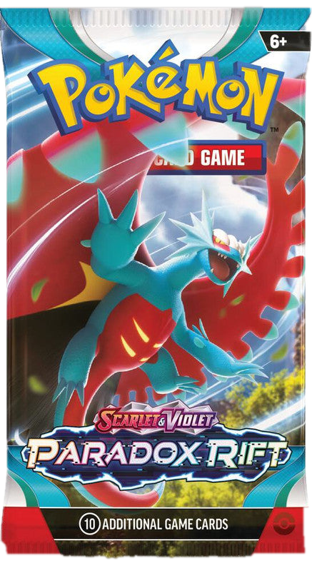 A Pokemon Paradox Rift booster pack featuring Roaring Moon on the front.