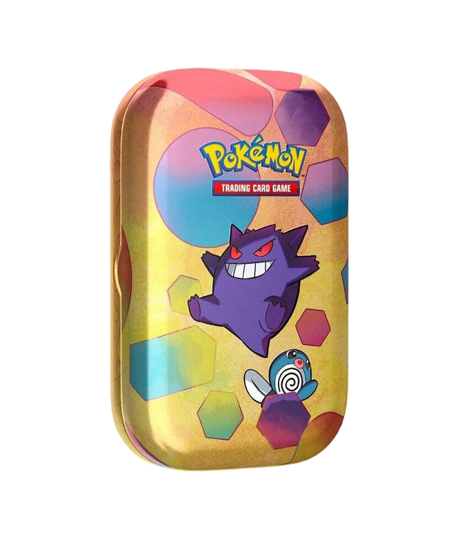 A yellow Pokemon 151 mini tin featuring Gengar and Poliwag artwork.