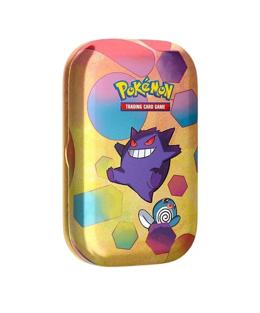 A yellow Pokemon 151 mini tin featuring Gengar and Poliwag artwork.