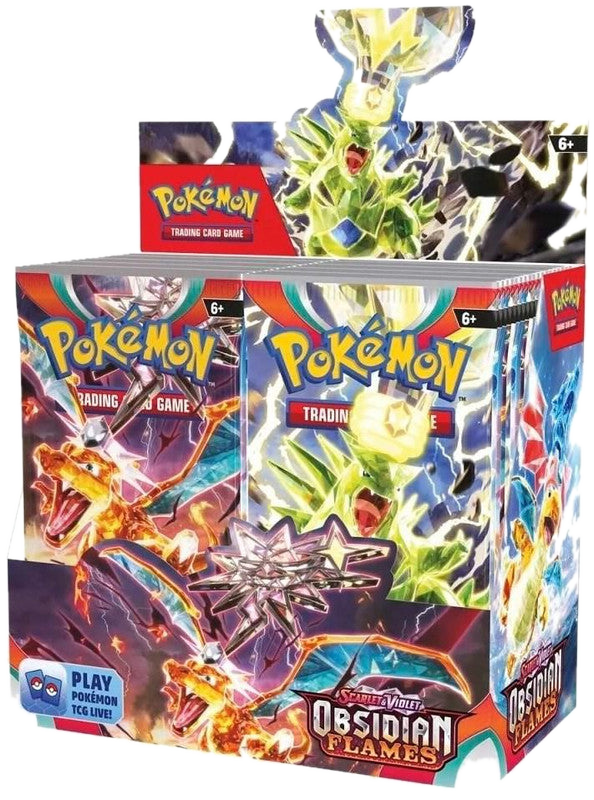 A sealed Pokemon Obsidian Flames booster box featuring Charizard and Tyranitar artwork.