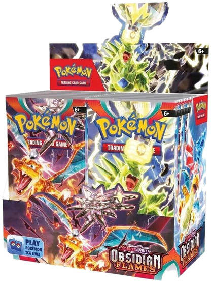 A sealed Pokemon Obsidian Flames booster box featuring Charizard and Tyranitar artwork.