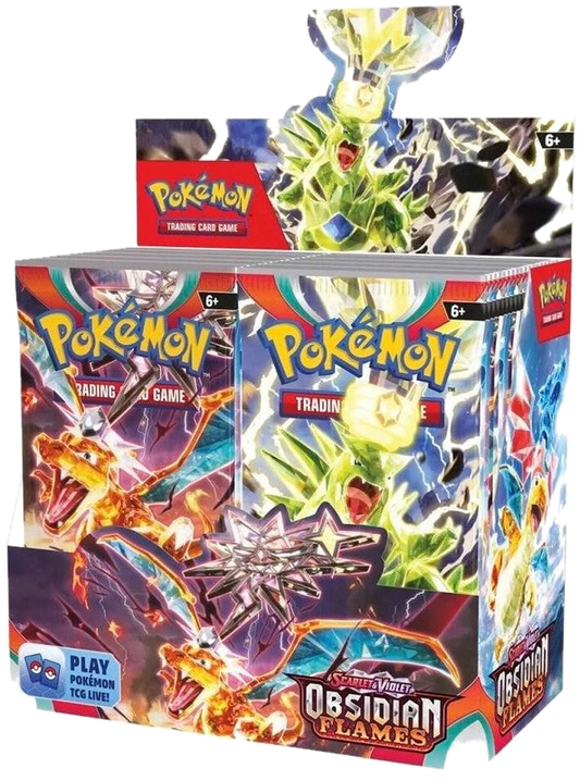 A sealed Pokemon Obsidian Flames booster box featuring Charizard and Tyranitar artwork.