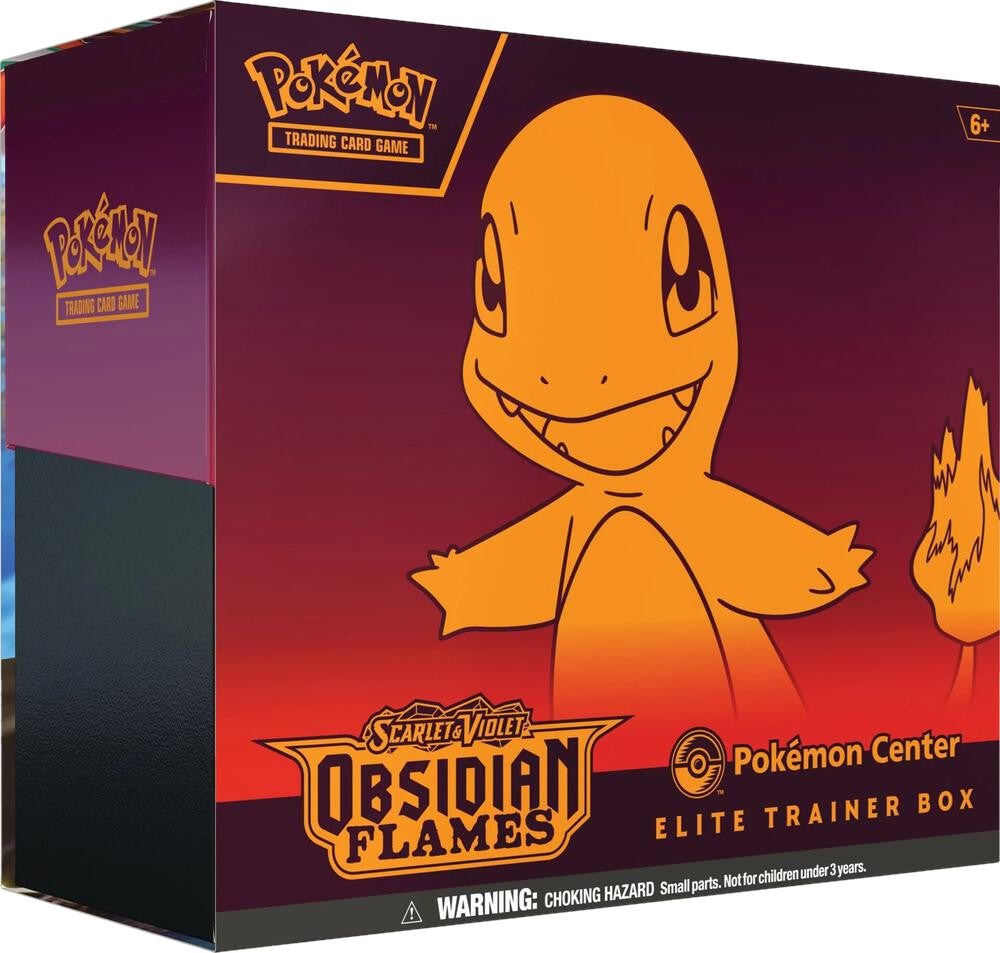 A Pokemon Center Elite Trainer Box for the Scarlet and Violet Obsidian Flames expansion.