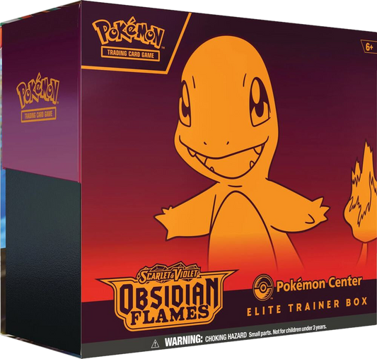 A Pokemon Center Elite Trainer Box for the Scarlet and Violet Obsidian Flames expansion.