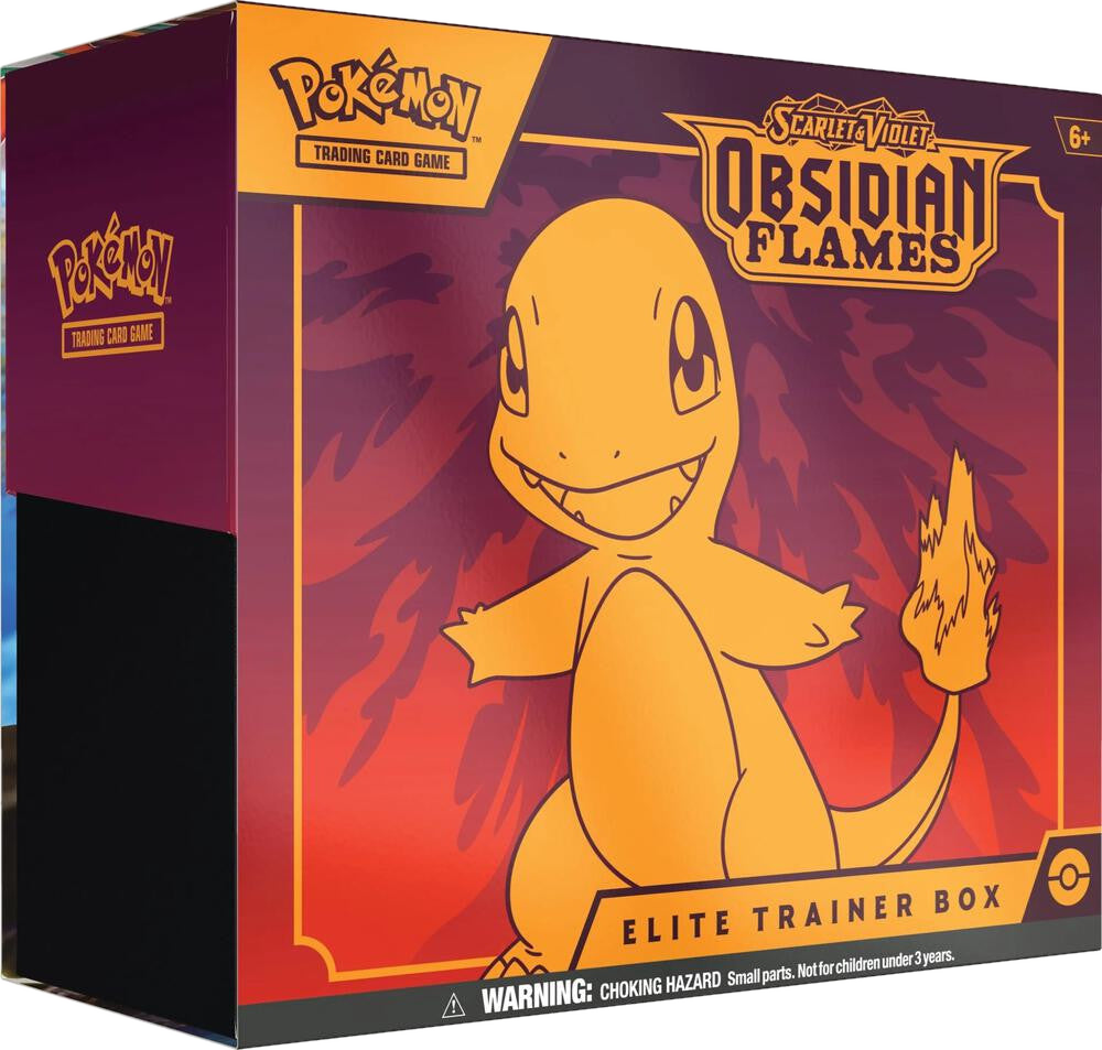 A Pokemon Obsidian Flames Elite Trainer Box featuring an illustration of Charmander.