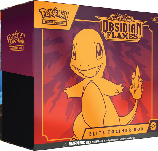 A Pokemon Obsidian Flames Elite Trainer Box featuring an illustration of Charmander.