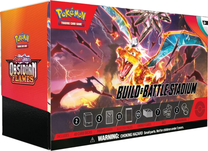A Pokemon Obsidian Flames Build and Battle Stadium box featuring Charizard artwork.