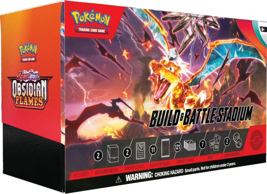 A Pokemon Obsidian Flames Build and Battle Stadium box featuring Charizard artwork.