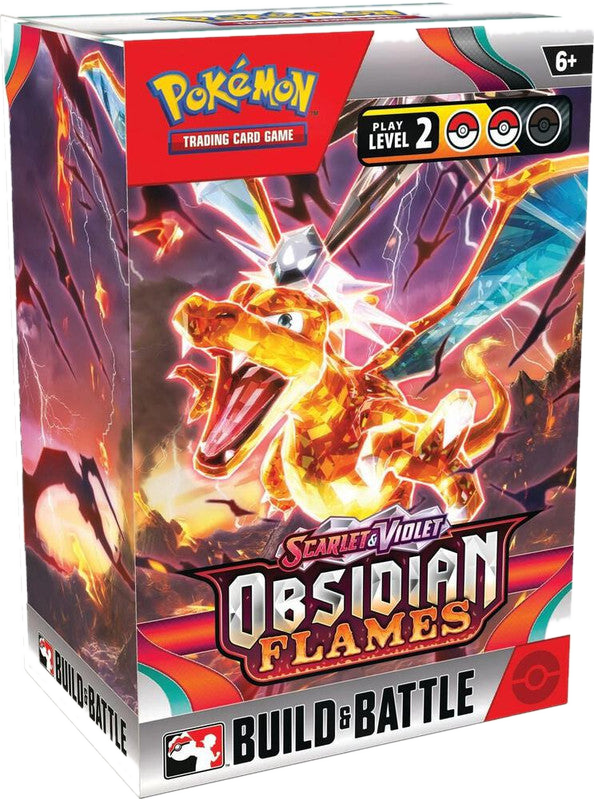 A Pokemon Obsidian Flames Build and Battle box featuring a crystalline Charizard illustration.
