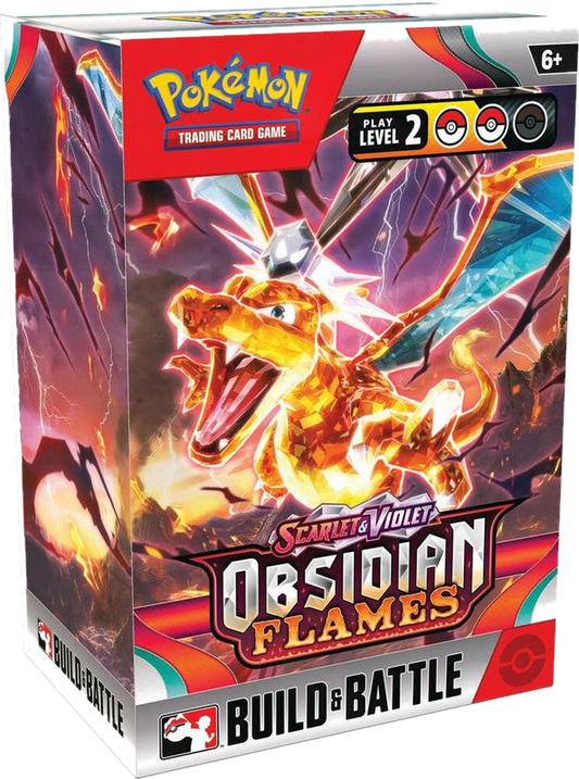 A Pokemon Obsidian Flames Build and Battle box featuring a crystalline Charizard illustration.