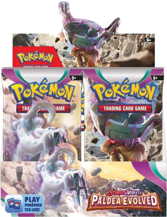 A Pokemon Paldea Evolved booster box featuring artwork of Chien-Pao and Ting-Lu.