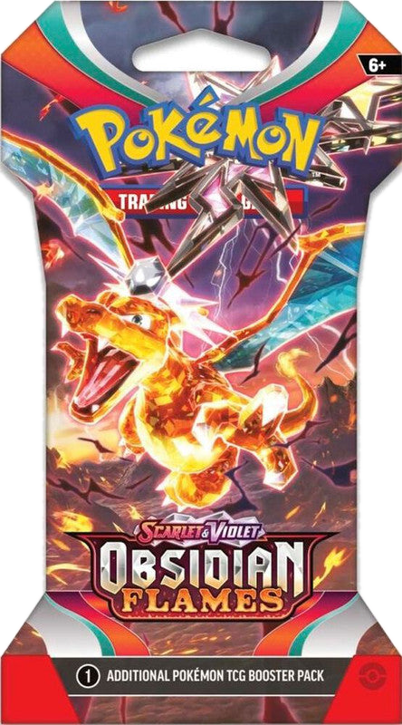 A Pokemon Obsidian Flames sleeved booster pack featuring a Tera Charizard illustration.