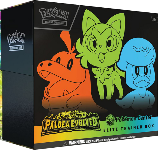 A Pokemon Center Elite Trainer Box for the Scarlet and Violet Paldea Evolved expansion.