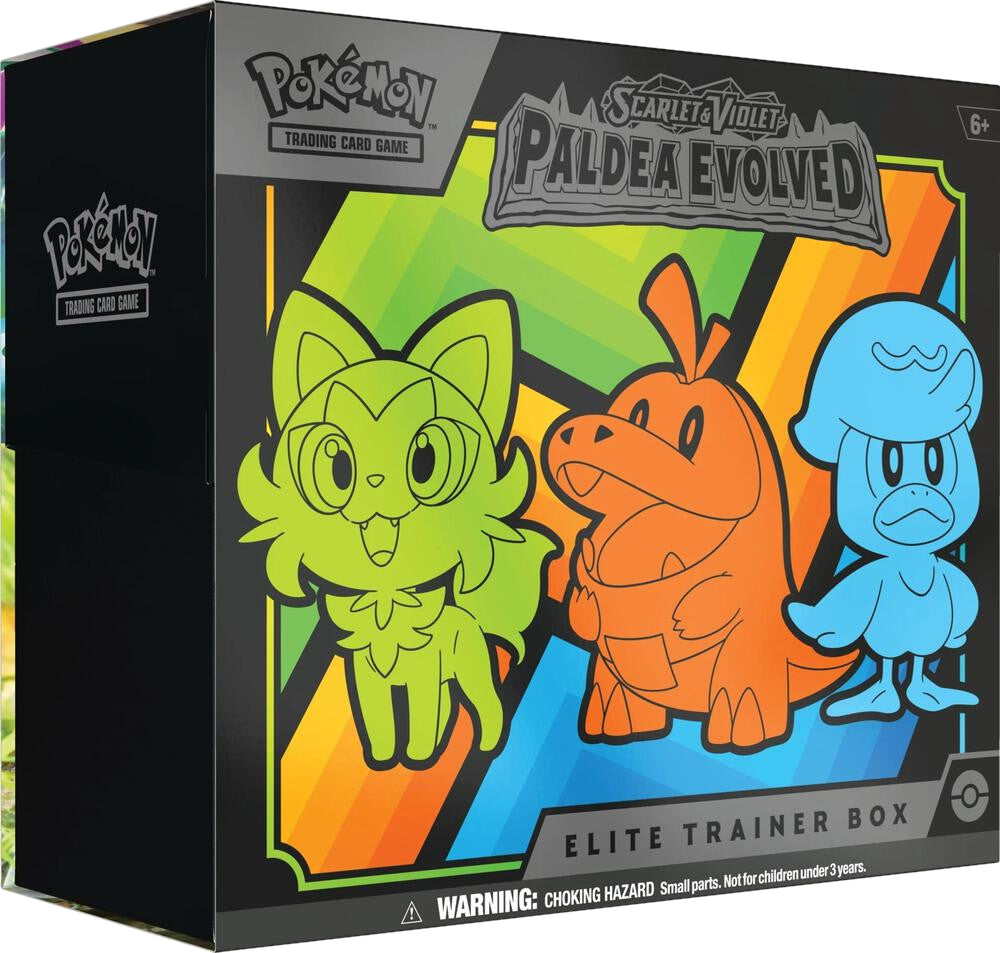 A Pokemon Paldea Evolved Elite Trainer Box featuring Sprigatito, Fuecoco, and Quaxly.