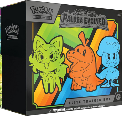 A Pokemon Paldea Evolved Elite Trainer Box featuring Sprigatito, Fuecoco, and Quaxly.