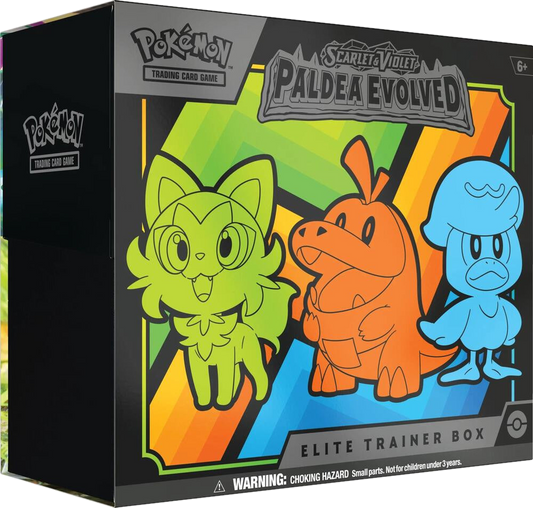 A Pokemon Paldea Evolved Elite Trainer Box featuring Sprigatito, Fuecoco, and Quaxly.