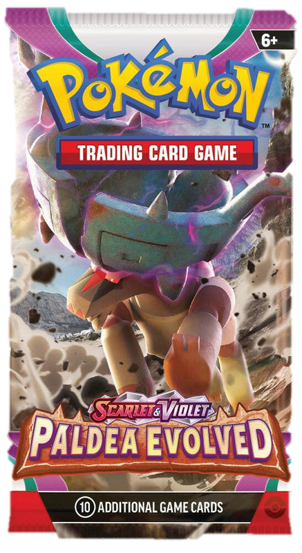 A Pokemon Paldea Evolved booster pack featuring Ting-Lu on the packaging.