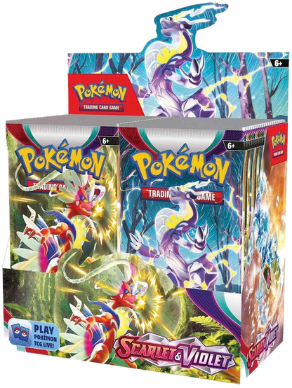 A sealed Pokemon Scarlet and Violet booster box featuring Koraidon and Miraidon artwork.