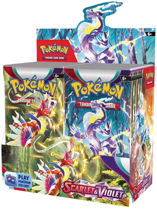 A sealed Pokemon Scarlet and Violet booster box featuring Koraidon and Miraidon artwork.
