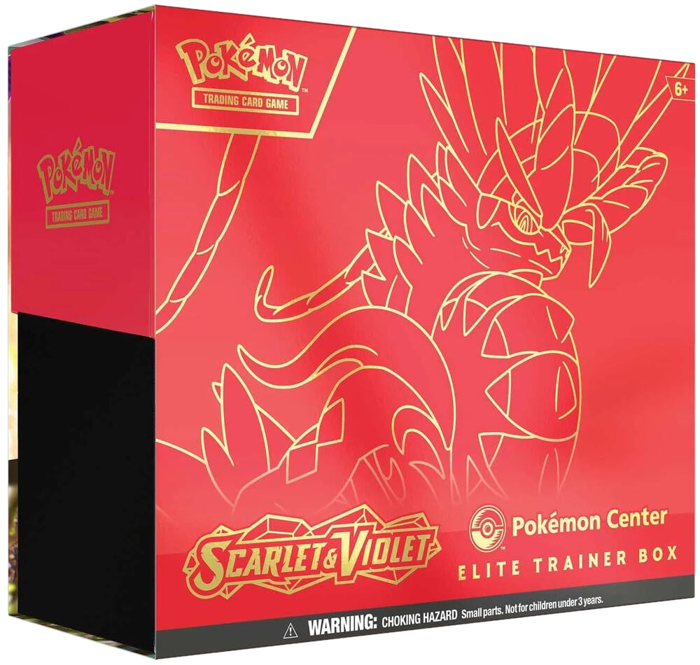 A red Pokemon Center Elite Trainer Box featuring gold Koraidon artwork from Scarlet and Violet.