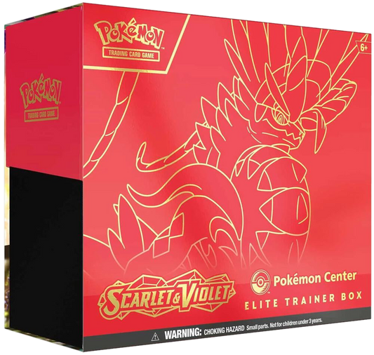 A red Pokemon Center Elite Trainer Box featuring gold Koraidon artwork from Scarlet and Violet.