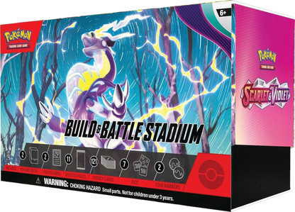 A Pokemon Scarlet and Violet Build and Battle Stadium box featuring Miraidon on the packaging.