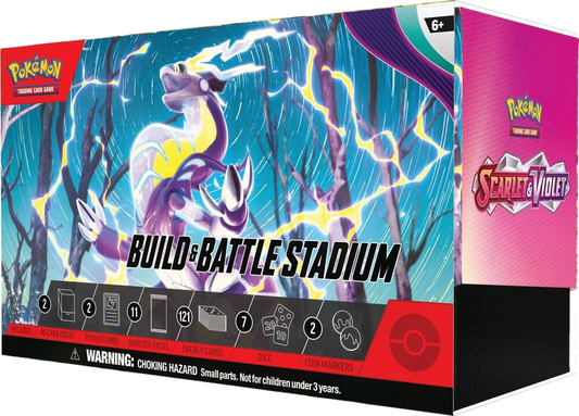 A Pokemon Scarlet and Violet Build and Battle Stadium box featuring Miraidon on the packaging.